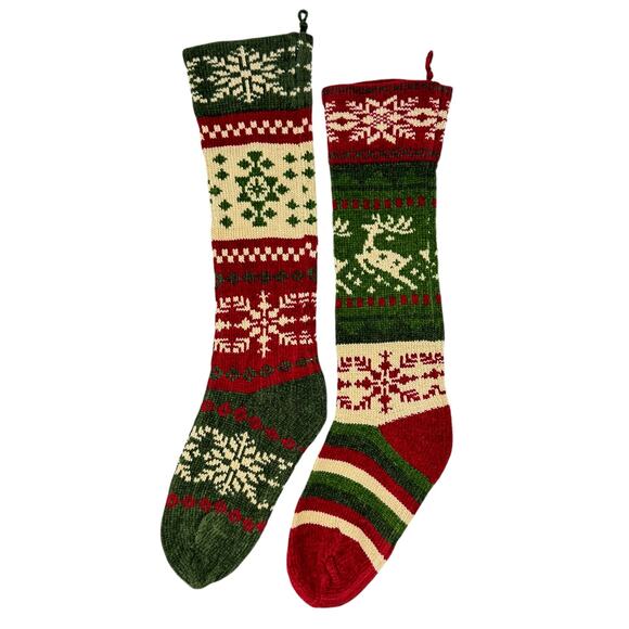 Knit Christmas Deer Snowflake Green Red Cream Color Block Long Stockings Bundle - Picture 1 of 9